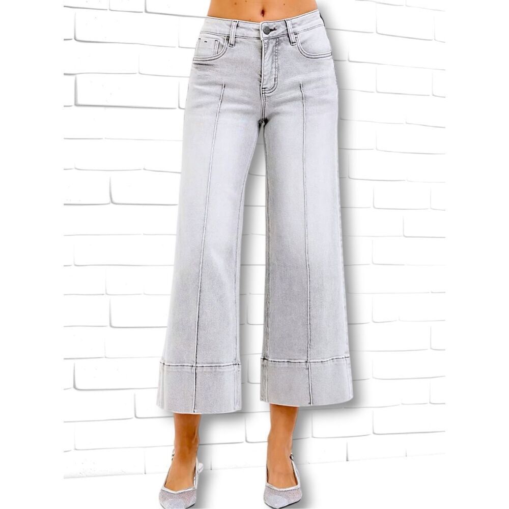 Risen Light Gray Pintuck Front Wide Leg Crop Jeans Mid Rise Tummy Control NWT - Picture 3 of 9